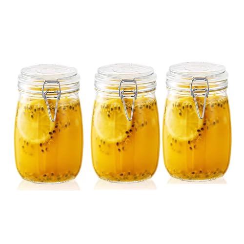 Clear Glass Storage Containers with Airtight Lids, Kitchen Storage, Food Storage Jars, Counter Organizer, Glass Canisters, Tea Leaves, Fruit Liquor, Pickles, Jam, Honey Storage (Round, 33.8 fl round 1000ml（3個）