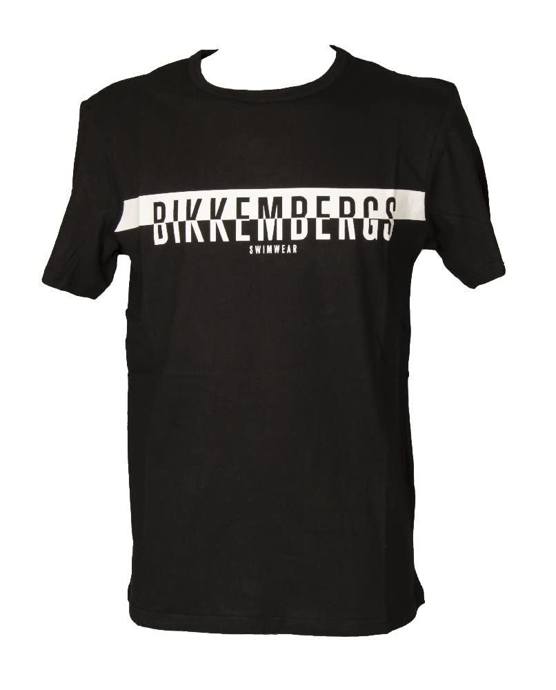 Bikkembergs Koszulka męska Krótki rękaw Okrągły dekolt Nadruk Czysta bawełna Artykuł BKK2MTS03 Seria Średni Logo, Czarny, L