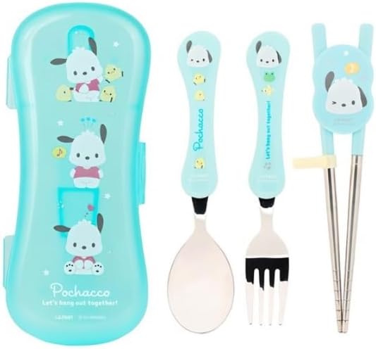 Cute Fork, Spoon, and Chopsticks Flatware Set with Case, Stainless Steel (Green)