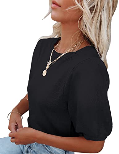 Image of Womens Short Sleeve Sweaters Crewneck Knit Pullover Tops 2025 Summer Casual Lightweight Crochet Blouse Shirt