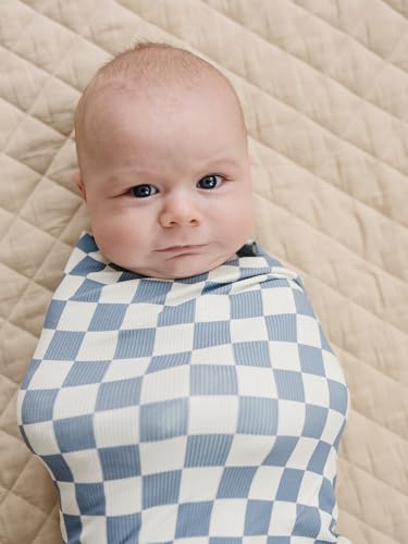 Image of Mebie Baby Blue Checkered Stretch Swaddle, Modern and Neutral Swaddle Blanket for Baby Girl or Boy, Soft Baby Blankets, Newborn Swaddle Blanket, 0-3 Month, Comfy Wrap, Baby Essentials (47 inch x 47 inch)