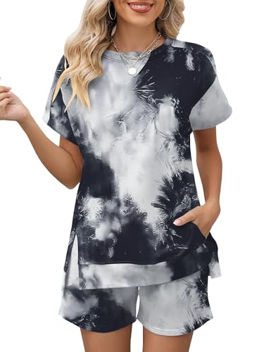 Image of LOMON Womens Fashion 2 Piece Outfits Sweatsuits 2026 Summer Short Sleeve Loungewear Tracksuit Round Neck Lounge Shorts Sets