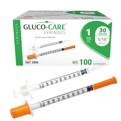 Image of GLUCO-CARE 1 ml /cc Syringes 30G x 5 /16'' (8mm), Orange Cap, 100 /box | Fine Tip, Home & Lab Use, Clear Barrel, Bold Scale, Smooth Plunger Movement with back-end stopper, Leak-Proof Design