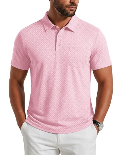 Lexiart Mens Print Golf Polo Shirts Short Sleeve Moisture Wicking Quick Dry Performance Collared T-Shirt Pink