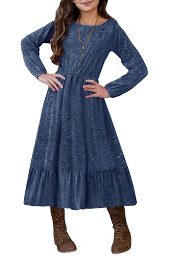 MITILLY Girls Fall Boho Dress Kid Long Sleeve Tween Casual Ruffled Hem Swing Loose Flowy Tiered Midi Dress with Pockets