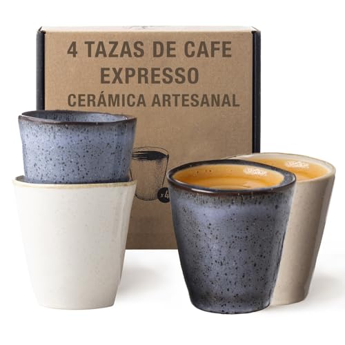 Origeens SET TAZAS DE CAFE EXPRESSO x4 | Set tazas café Expresso con Cerámica Artesanal de Portugal | Juego de tazas de cafe 120mL x4 | Caja regalo original