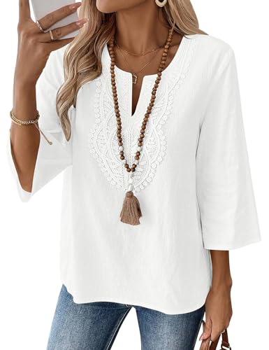 LOMON 3/4 Length Sleeve Womens Tops Loose Fit Boho Tops Cotton Linen V Neck Shirt Spring Dressy Peasant Blouses(White,L)