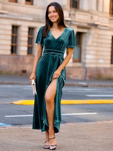 Image of Simplee Women's Velvet Maxi Dress V Neck Short Sleeve Empire Waist Semi Formal Long Cocktail Dresses