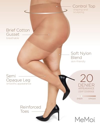 MeMoi Energizing Plus Size Curvy Control Top Pantyhose for Women, Semi Opaque Pantyhose, Lightweight Womens Stockings3
