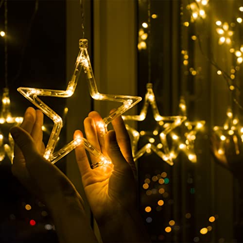 Jsdoin Christmas LED Stars Curtain Lights,12 Stars 138 Window Curtain String Lights with 8 Flashing Modes Decoration for Wedding, Party,Wall, Home Decorations,USB/Battery Powered (Warm White) - Image 6