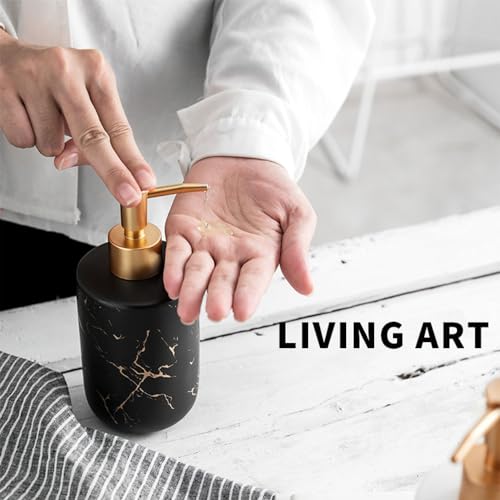 Image of Ceramic Soap Dispenser (Luxe Black) - 400ml Refillable Lotion Shampoo Bottle Matte Black & Gold Marbling Elegant Bathroom & Kitchen Counter Accessory Premium Pump Bottle