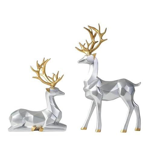 Gtzbcivトナカイ 置物 樹脂 座っている鹿 立っている鹿 2個セット 癒し系 かわいい 北欧 雰囲気満点 インテリア オーナメント (シルバー大きい)