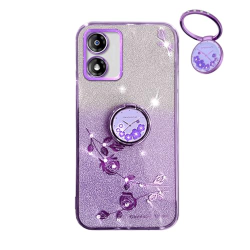 Cover Glitter per Motorola Moto E13 4G Trasparente Bling Brillantini Donna Custodia Ultra Sottile Molle Antiurto TPU Silicone Fiori Anello Supporto Case. Viola