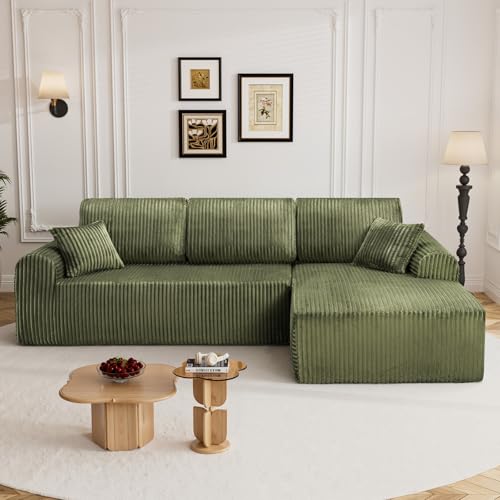 Image of 110 inch L Shaped Boneless Sectional Couches for Living Room, Comfy Corduroy Floor Cloud Sofa with Chaise, Wide Armrest, Deep Seat, Memory Foam, Assembly Free, Ideal for Small Spaces, Green