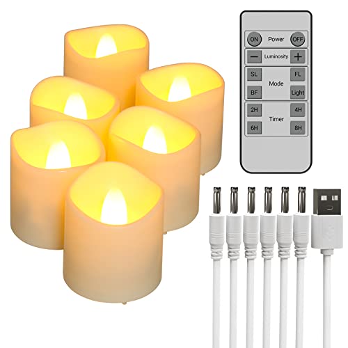Velas recargables con control remoto de 12 teclas, Ymenow 6 piezas de batería LED Luces de té recargables sin llama con temporizador, cables de carga USB para decoraciones navideñas en el hogar Cover