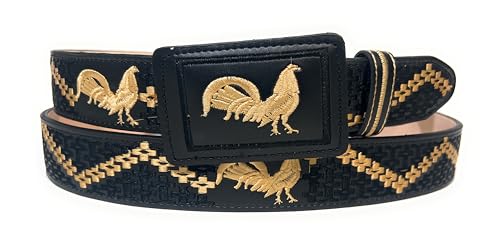 Men's Rooster Embroidered Western Leather Belt, Black and Gold Cinto Vaquero Bordado Con Gallo4