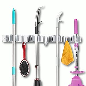 Portascopa e Portaspazzole da Muro Adesivo con 4 Posti e 3 Ganci, TUOHBOVA Supporto Parete Scopa e Porta Acciaio Inossidabil per Cucina, Bagno, Garage, Grigio