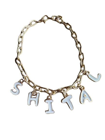 Personalized Charm alphabets Name Bracelet | Metal Chain With Enamel Charm | Bracelet for Women Girls | Customized Bracelet | Gold Plated Chain Charm Bracelet (White) (B0D8BHGNJW) Amazon Price History, Amazon Price Tracker