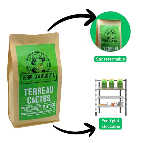 Terre D’AUGUSTE - Terreau Cactus, Plantes Grasses et Succulentes 6L-Terre cactée Premium Idéale Pour Rempotage - Fermeture Eclair Refermable