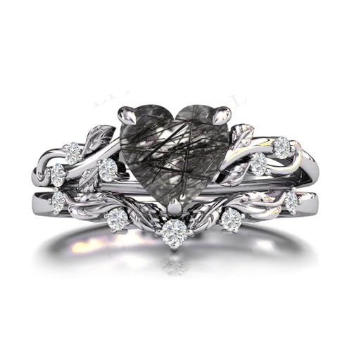 Natural Heart Black Rutilated Quartz Engagement Ring Set 925 Sterling Silver Rings for Her with Free Engraving Jewelry Gift for Women Black Rutilated Quartz Vintage Ring Set Size 4-12 -42