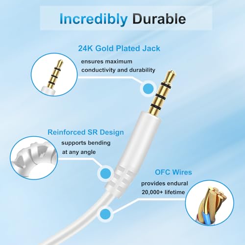 Image of Beats Headphones Replacement Audio Cable Cord 3.5mm to 3.5mm Aux Wire for Beats Solo2 Solo3 Solo4 Studio3 Wireless HD Pro by Dr. Dre Sony WH-1000XM4 WH-1000XM5 with In-line Mic & Volume Control -White