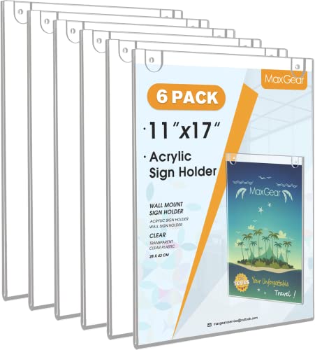 Image of MaxGear Acrylic Wall Mount Sign Holder, 11 x 17 Vertical, 6 Pack | Includes Adhesive Tapes and Screws, Clear Acrylic Display for Signs, Posters and Documents, Ideal for Office, Home, Store
