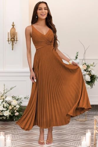 Women's V Neck Pleated Satin Bridesmaid Dresses Long Maxi Formal Evening Dress VS2194