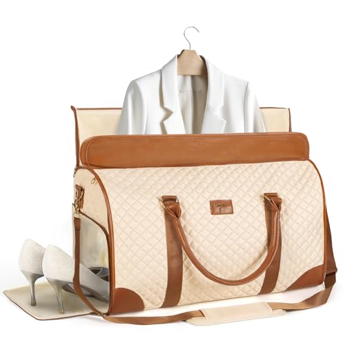 Tonyeee 2 in 1 Kleidersack Reisetasche Damen, Wandelbarer Kleidersack zum Mitnehmen großer wasserdichter Seesack aus PU-Leder mit Schuhbeutel, Sporttasche Handgepäck Tasche für Weekend Beige