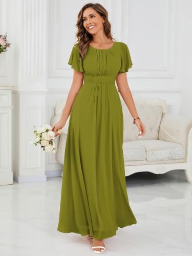 Image of Ever-Pretty Women's Spring Elegant Round Neck Short Sleeve Chiffon Empire Waist Floor Length Formal Dresses Bridesmaid Dress