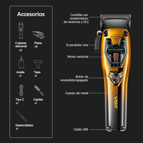 VGR 668 Maquina Cortar Pelo Hombre, Profesional Cortadora de Pelo Inalámbrica, 11 000 RPM Motor Vectorial Máquina Cortapelos, Carga USB, 6 Peine-guía, 2 Cubiertas Extra y Estuche Premium - imagen 6