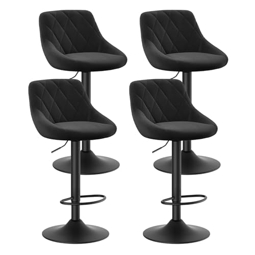 Tabouret de Bar Lot de 4 en Velours Chaise Haute Bar Cuisine Siège pivotant à 360° Réglable en Hauteur Confortable avec Dossier et Repose-Pieds Max.136 kg pour Cuisine Salon Salle à Manger, Noir