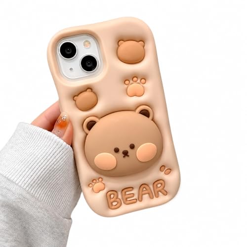 Image of MIDOS Back Cover iPhone 15 Soft Silicone 3D Cute Cartoon With Holder Full Protective Case Compatible With iPhone 15 (Bear), Black