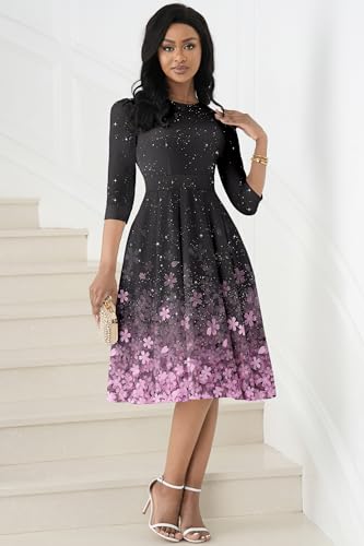 Image of Runwind Vintage Dress for Women - 3 /4 Sleeve Casual A-Line Wedding Guest Cocktail Dress with Pockets