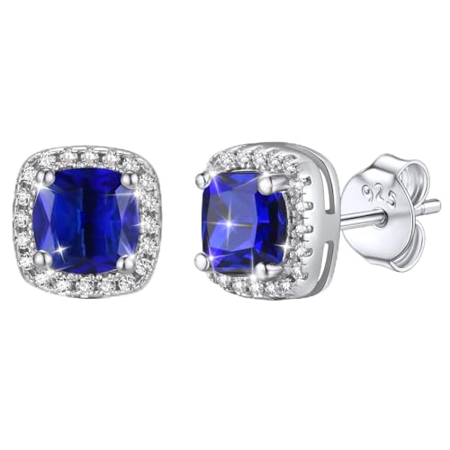 Bestyle Pendientes Plata de Ley 925 Cuadrados Piedra Nacimiento Septiembre Zafiro Azul Marino Elegantes Hipoalergenicos Joyas de Mujer