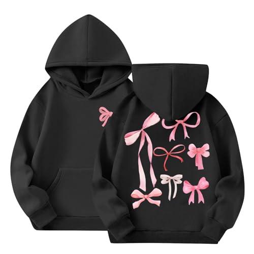 QWKLEAJ Oversized Hoodie For Teen Girls Cute Sweatshirt Hoodies For Teen Girls Fall Fashion Bows Graphic Long Sleeve Hooded Shirt Kids Winter Oversized Sweater 10 With Pocket Black 7-8 Years Soft