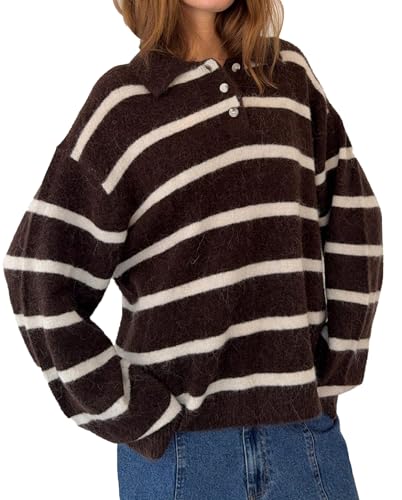 Women Striped Collared Sweater Y2k Oversized Knitted Rugby Pullover Fashion Fall Lapel V Neck Polo Jumpers