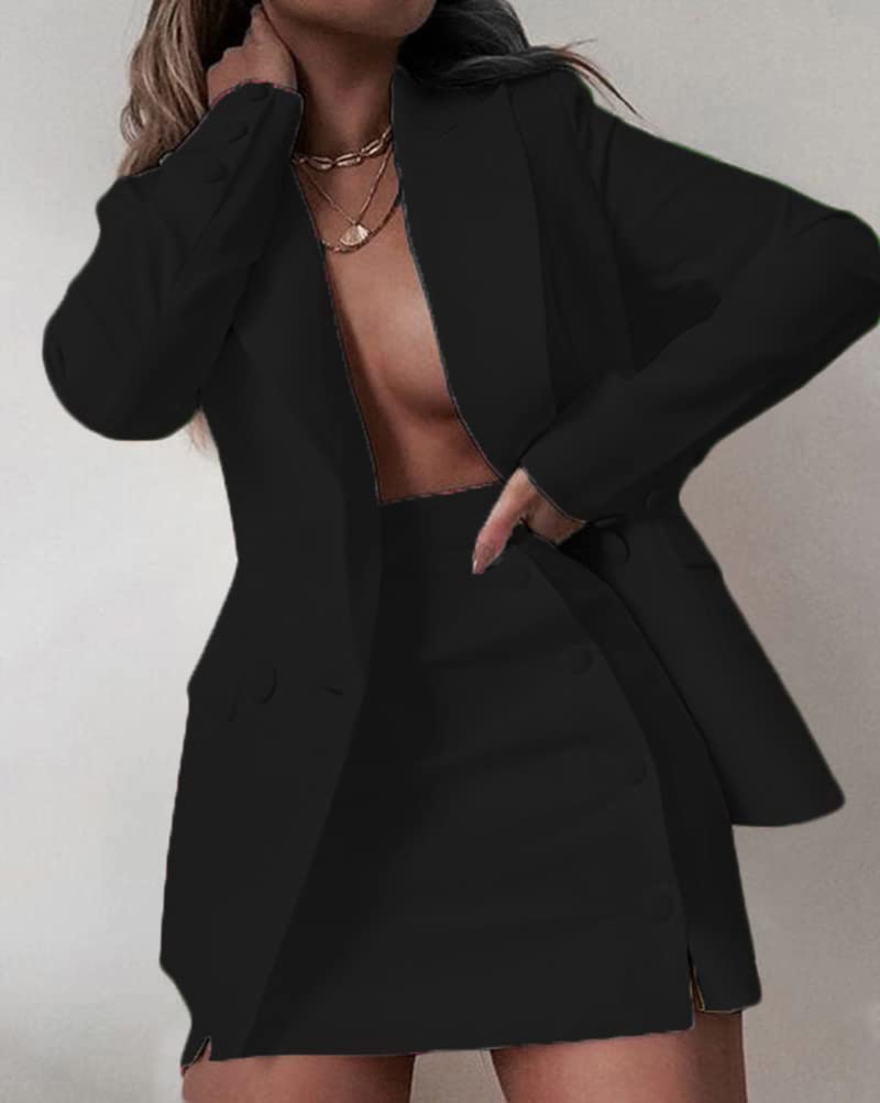 2 Pièces Ensemble Femme Elégant Blazer Tailleur + Jupe OL Bureau Chic Slim Fit Veste de Costume Mode Jupe Crayon Manteau Blouson Casual pour Travail Business