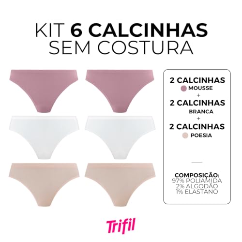 Kit 06 Calcinha Biquini Trifil Sem Costura Microfibra de Poliamida Feminino Adulto | 2 Branco - 2 Mo