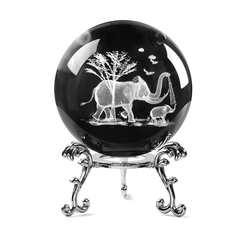 JFTOSALE 2.3in 3D Laser Engraved Mother Son Elephants Crystal Ball with Stand Elephant Figurine Glass Ball Decorative Sphere Table Decor Craft Paperweight