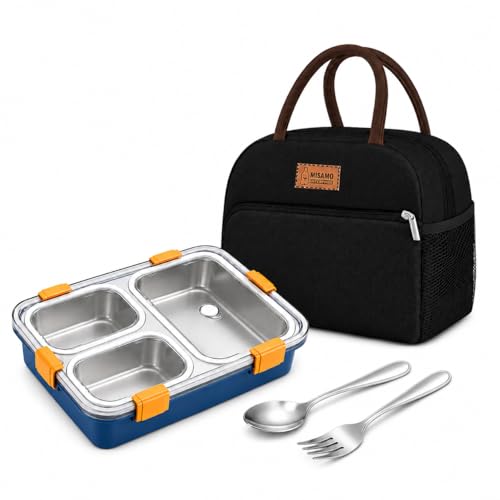 Image of Misamo Enterprise Lunch Box with Insulated Lunch Bag Combo, 3 Compartment Stainless Steel Lunch Box with Spoon & Fork, Reusable Lunch Set for Office, School & Travel (Black Bag+Blue Lunch Box)
