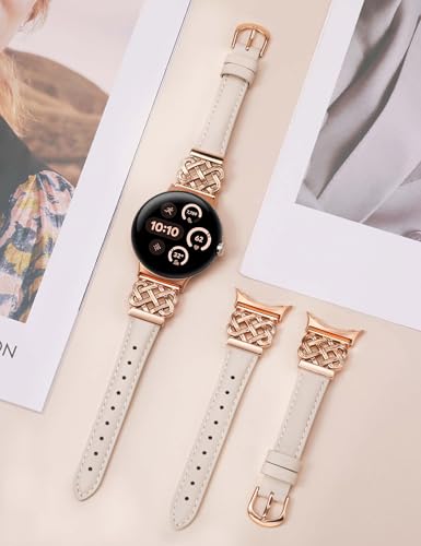 Image of TOYOUTHS Slim Leather Band Compatible with Google Pixel Watch 4 3 41mm /Pixel Watch 2 1 Band Women, Celtic Metal Dressy Thin Fashion Designer Premium Leather Strap for Google 4 3 2 1 Smartwatch