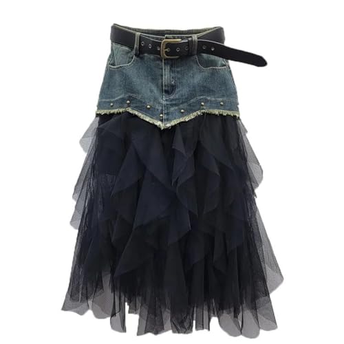 Women's Irregular Denim Tulle Skirts High Waist Mid-Length Mesh Pleated Mini Skirts Denim Patchwork Skirt