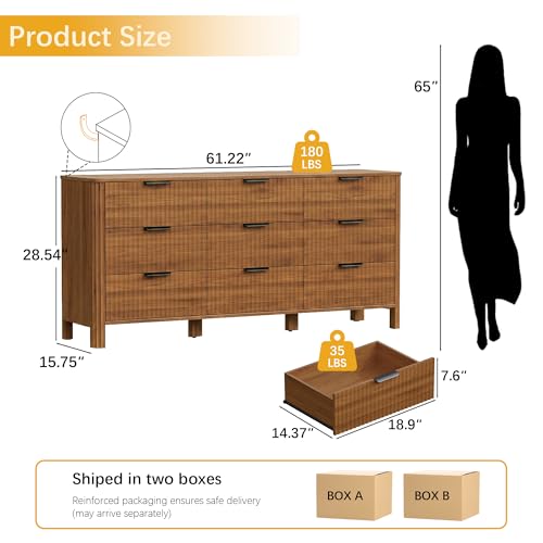 Image of Wodeer 9 Drawer Dresser for Bedroom, 62 inch W Wide Wood Storage Cabinet with Fluted Design, Modern Chest of Drawers & TV Stand for Living Room, Nursery Clothing Organizer with Metal Slides, Anti-Tipping