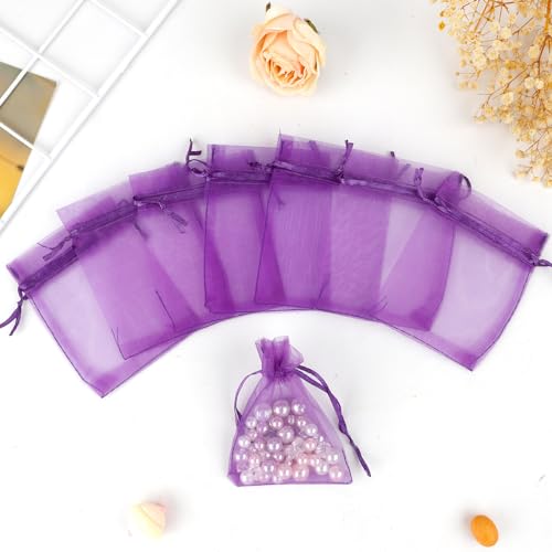 Image of BOEIAC Organza Bags, Sheer Organza Bag, 50Pcs,Small Organza Bags with Drawstring 3 x 4 inch, Jewelry Gift Bags, Mesh Party Wedding Favor Bags Mini Candy Bags for Christmas Party, Dark Purple