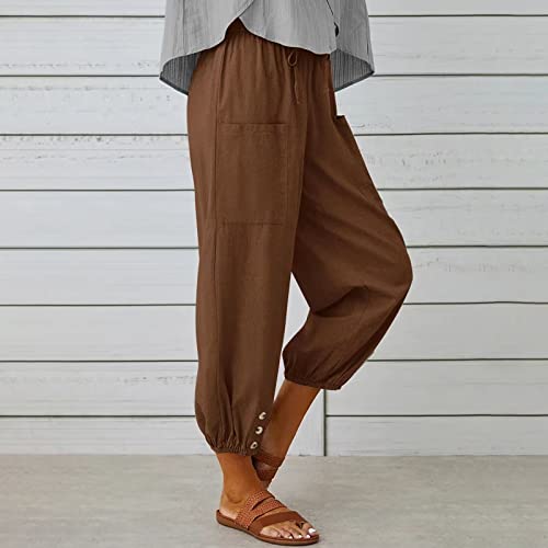 Women's Capri Pants High Waist Drawstring Cinch Bottom with Button Cotton Loose Casual Trouser with Pockets Brown L3