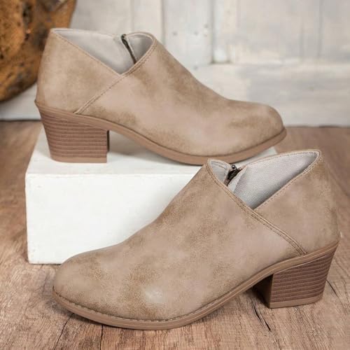 Womens Slip on Ankle Boots V Cutout Round Toe Chunky Stacked Low Heel Booties Fashion Side Zipper High Top Comfortable Short Boots Women's Casual Dress Block Heel Walking Booties3