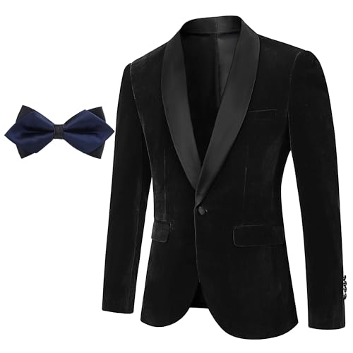 Men's Velvet Tuxedo Blazer One Button with Double Layer Bow Tie Shawl Lapel Suit Jacket for Wedding Prom Dinner Party
