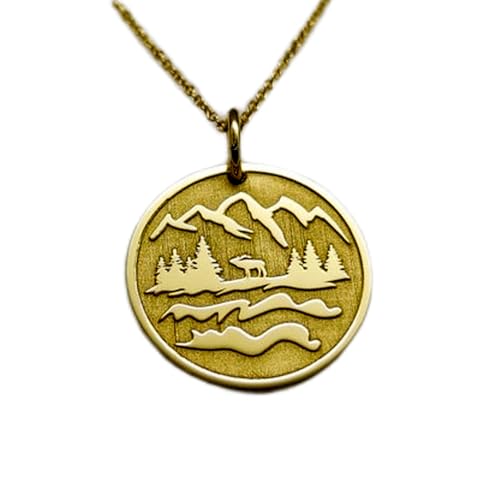 Collier pendentif médaillon montagne gravé argent plaqué or 24mm