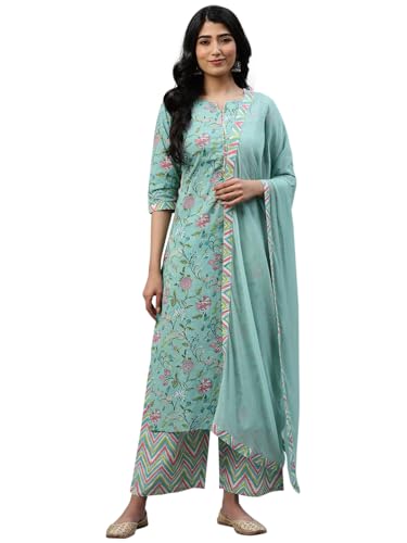 Image of Libas Printed Cotton Straight Kurta With Palazzo and Dupatta
