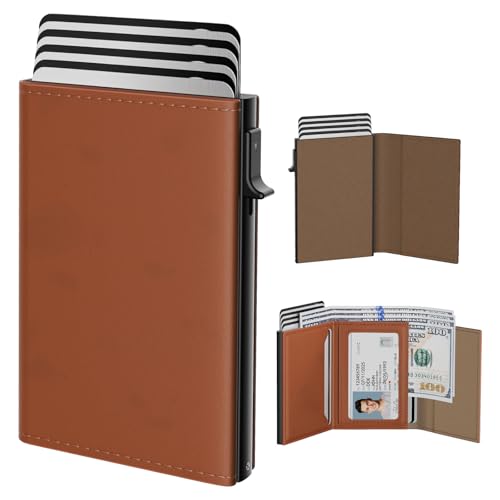 typecase Mens Wallet Card Holder: Pop Up Aluminum Case, Genuine Leather, Smart, RFID Blocking, Slim, Minimalist, Front Pocket - 9-14 Card Capacity | ID Window | Cash Slot (Antique Brown)